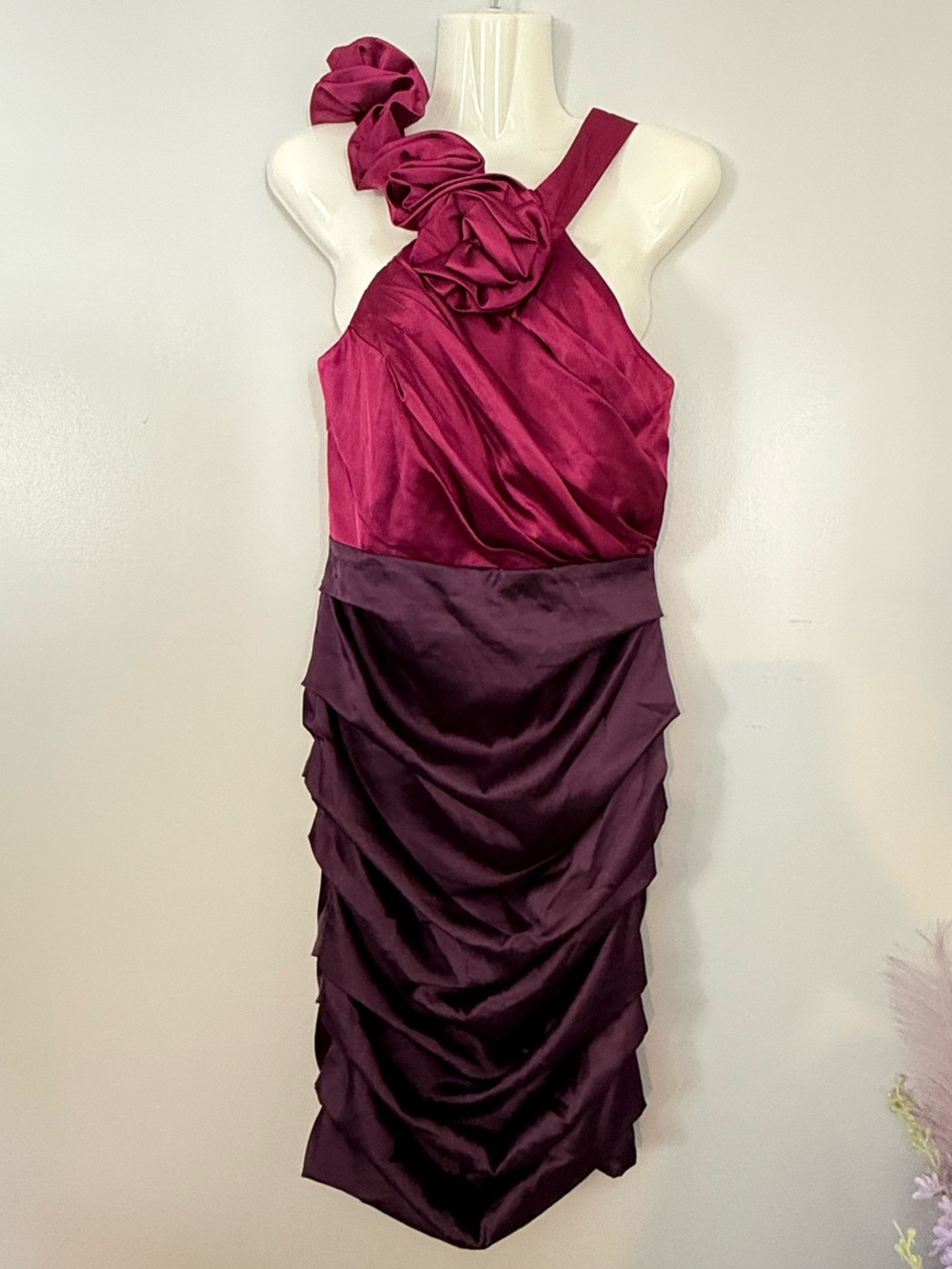 le chateau Floral Halter Ruched Cocktail Dress in Fuchsia and Plum